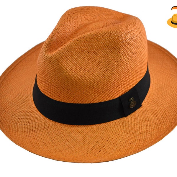 Orange Classic Fedora | Genuine Panama Hat | Toquilla Straw | Handwoven in Ecuador - EA - HatBox Included