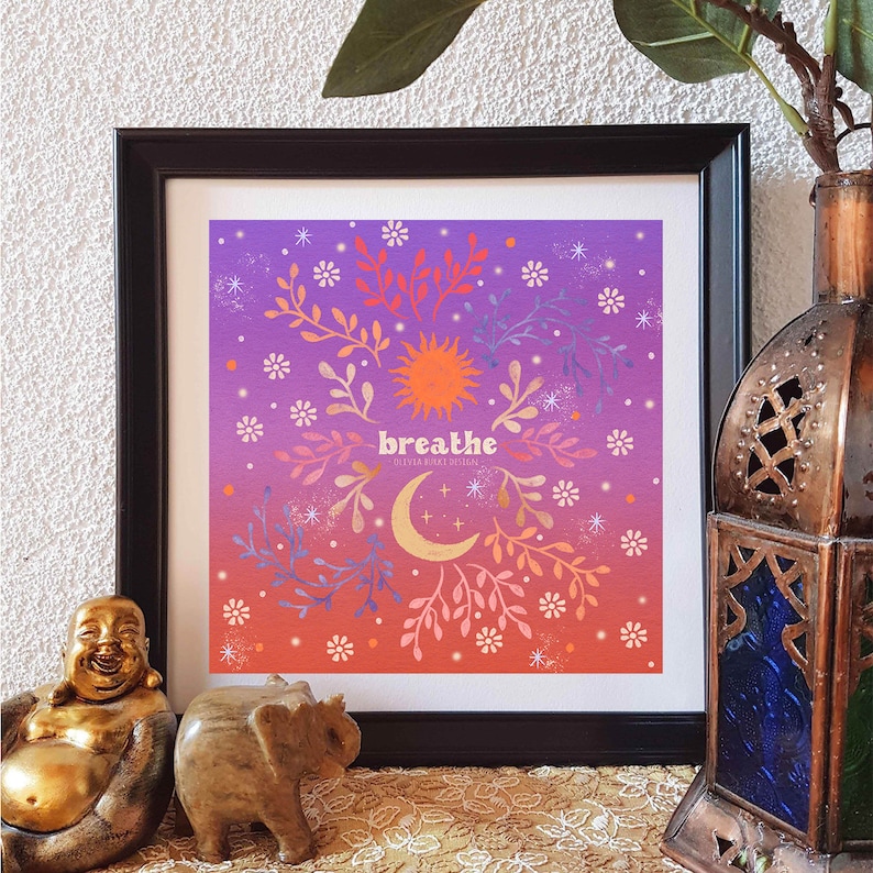Affirmation Wall Art Breathe Spiritual Decor Moon Plants Digital Art Print Flowers Poster Sun