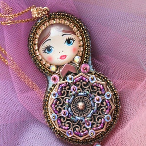 Lilac embroidered matryoshka nesting doll pendant, mandala copper filigree babushka doll gift idea for her, Easter mom gift.