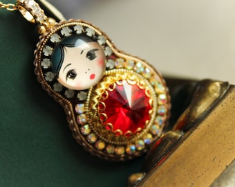 Russian tradition doll necklace with red matryoshka nesting doll pendant, lovely gift for mum , Birthday gift for girl.