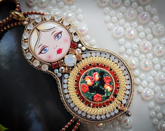 Gold Matryoshka nesting doll necklace, Russian babushka doll, Red flowers and crystals  gift idea.