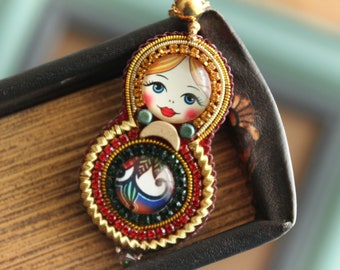 Russian matryoshka nesting doll pendant, Red & gold Russian babushka doll gift idea for girl.