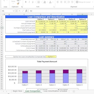May include: A spreadsheet comparing five loan options with different interest rates and payment schedules. A bar graph shows the total payment amount for each option, with the blue portion representing the loan amount and the purple portion representing the total interest.