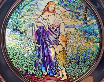 Louis Comfort Tiffany 1987 Christmas Pewter 10” Large Plate "Oh Come Little Children" No. 1077, Collectible multicolor vintage Christian