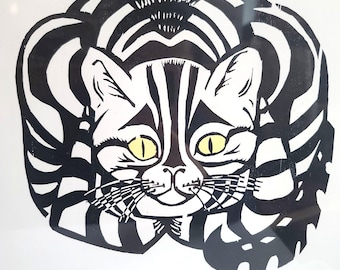 Artist Pearce Bates Chessie cat woodblock print, signed framed, black white feline yellow eyes, original paperwork, collectible
