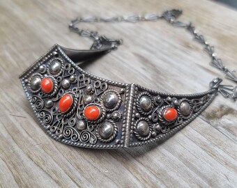 800 Silver Filigree Bib Necklace w Real Genuine Red Coral Cabochons Vintage Italian Ethnic Folk, Handmade Collectible Rare Estate Jewelry