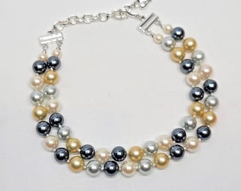 Carolee faux three tone round pearls silver tone choker double strand necklace, multicolor gray black champagne cream white, winter New Year