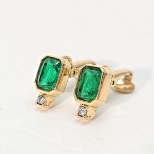 Christian Dior Gold Tone Green Gripoix Emerald Glass Clip Earrings w Clear Crystals, fruit salad, estate vintage jewelry gift, 1980s 90s