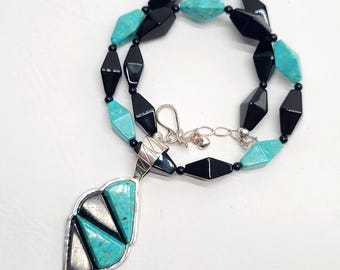 Jay King DRT Sterling Silver Blue Turquoise Black Onyx Inlay Pendant Beaded Necklace, Western Southwestern, Estate vintage jewelry, gift