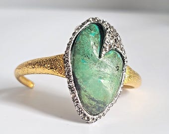 Alexis Bittar Green Stone Heart Cuff Bracelet Textured Gold Tone Crystal Accent