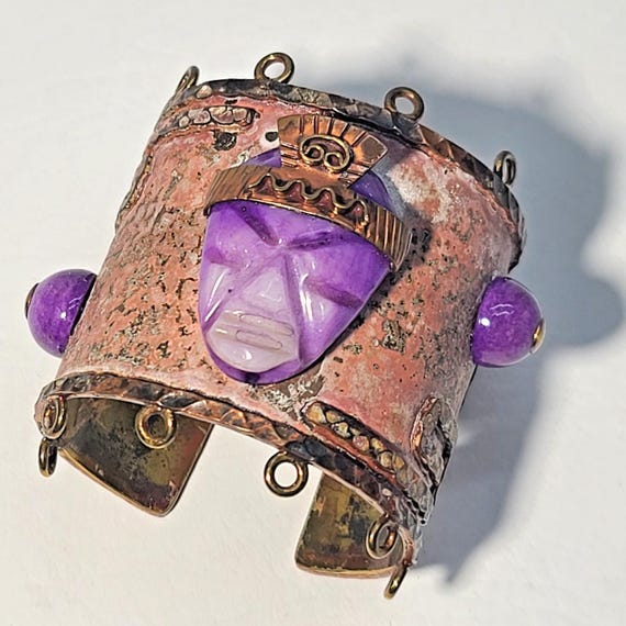 Bracelet Manchette Vintage Brutaliste - Pierre Bleue Verre Et Métal Gris, Forme Ovale, Occasion