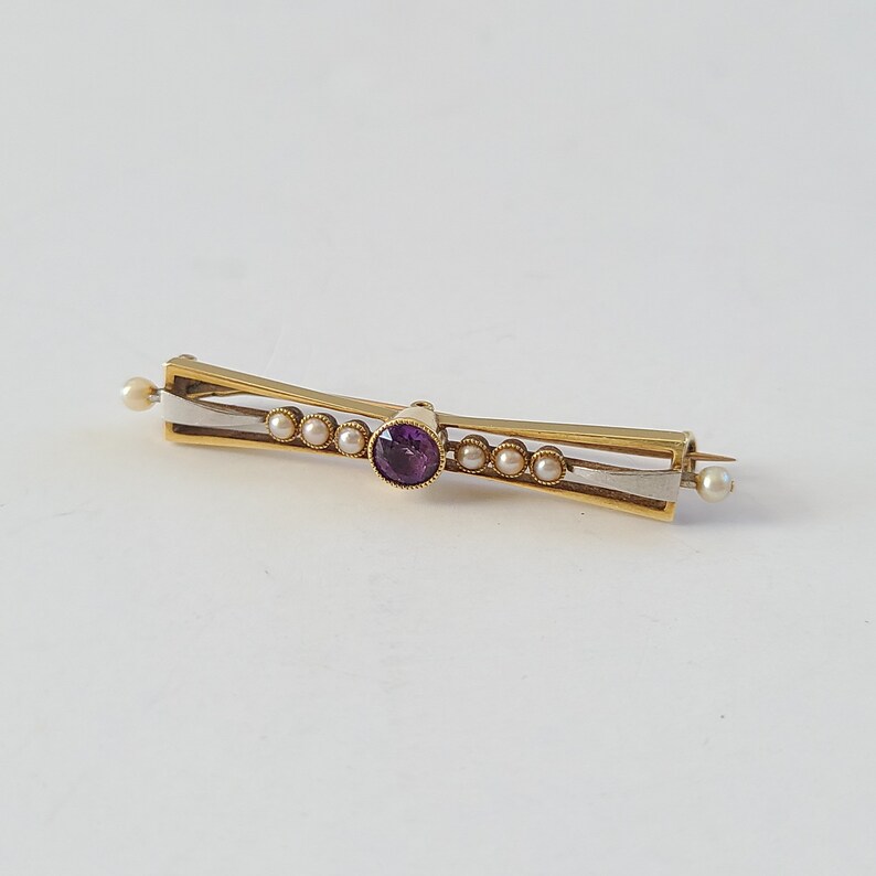 collectible Antique English British 15k 15ct real solid yellow /& white gold art deco pin brooch with faceted amethyst and seed pearls