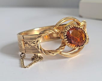 Vintage Estate Gold Filled Amber Glass Hinged Bangle Bracelet Victorian Revival, orange, yellow gold