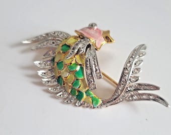 Vintage 925 Sterling Silver Green Pink Enamel Fish Brooch Marcasite Tropical Koi, East Asian, Zen, Nature, Animal