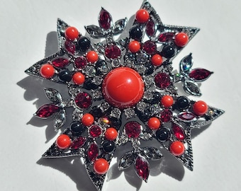 Joan Rivers Maltese Cross Red Black Faux Coral Starburst Statement Brooch Pin, large huge estate jewelry, gift, Gripoix cabochons, crystals
