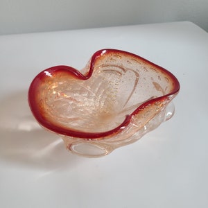 Vintage Murano Red Orange silver gold leaf bowl dish tray Sommerso Italy Venetian Italian studio artisan handblown collectible 1970s 80s 90s