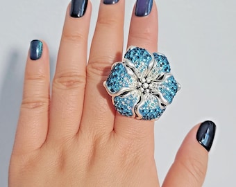 Sterling Silver 925 3D Hibiscus Ring, Blue Pavé Crystal Cocktail Statement, Sz 7, chunky huge, flower floral, well-made, top quality gift