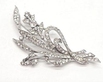 Early Trifari rhodium crystal floral spray brooch Alfred Philippe era 1930s 40s, silver tone, collectible