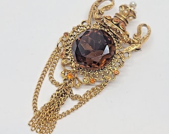 Vintage Florenza Dark Golden Topaz Brooch/ Pin, faux seed pearls, gold tone, orange rhinestones, Grecian Urn /Shield Design, dangle tassels