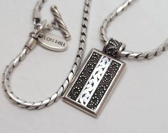 Lois Hill Sterling Silver 925 Pendant Charm Necklace, Rectangular Design Rope Chain Toggle Clasp, Granulated Detailing Artisan Jewelry Heavy