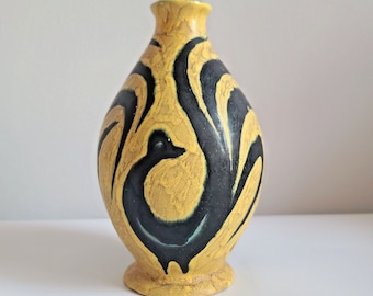 Signed MCM Livia Gorka (b.1925) pottery ceramic birds/rooster lamp base stand yellow blue turquoise black vintage cottagecore handmade