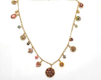 Joan Rivers gold tone charm necklace Victorian Language of Flowers locket floral, vintage, multi-color, collectible