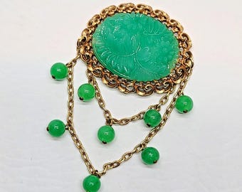 Apple Green Faux Jade Peking Czech Carved Glass Brooch Pin Gold Tone Floral Beads & Chains, Oriental Chinese Art Deco, large big statement