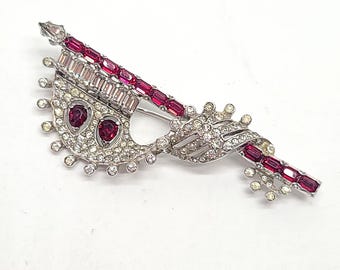 Vintage Mazer Brothers rhodium 3D brooch ruby red clear crystal sculptural rare, Jomaz, rare collectible