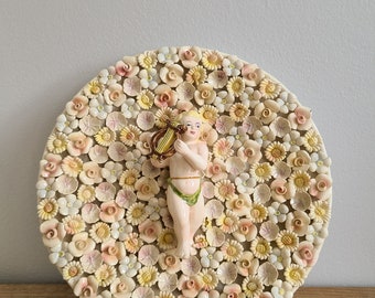 Antique Italian Ardalt Dresden Large Plate Cherub Mandolin Flowers wall hang decor plate 10", artist signed made in Italy Pastel Art Nouveau