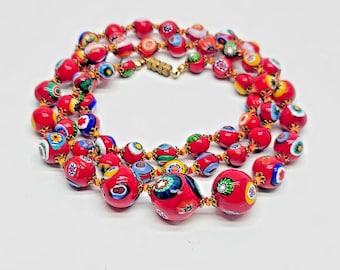 Millefiori Long Necklace Red Glass Beads Gold Tone Floral Accents Italian Murano, handmade art glass collectible vintage estate jewelry gift