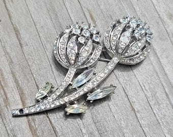 Vintage Crown Trifari Thistle Rhinestone Brooch, Floral Flower Spray Pin Rhodium Plated, silver tone colorless/white, estate bridal gift