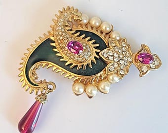 Vintage KJL Kenneth Jay Lane Paisley Pearl Pink Green Enamel Dangle Brooch Pin
