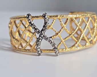 Alexis Bittar Brutalist 18k GP Woven Openwork Cuff Bracelet X Motif Gold tone, brutalist modernist contemporary