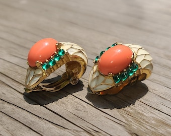 Crown Trifari L’Orient Butterfly Clip-on Earrings, Faux Coral Emerald Cabochon White Enamel, vintage collectible estate classy jewelry gift
