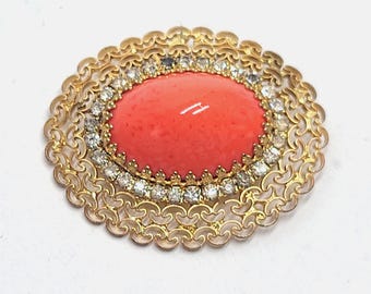 Hattie Carnegie Faux Red Coral Rhinestone Filigree Brooch Pin Gold Tone Signed