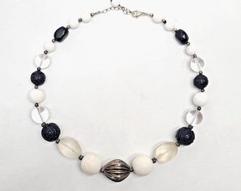 Sterling silver Chinese export necklace carved onyx crystal beads Art Deco style, panda black white