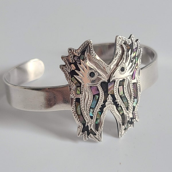 Vintage/ Old Artisan Handmade Hand Carved/ Etched Mother of Pearl Inlaied Southwest Sterling Silver Double Facing Bird Owl Bangle Bracelet
