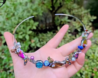 Artisan Silver Tone Collar Necklace w/ Multicolor Dichroic Fish Glass, Bead Accents, Wire Wrap Design, Boho Statement Jewelry, summer gift