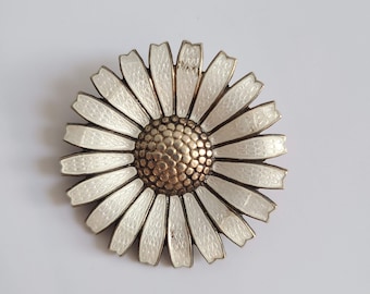 GEORG JENSEN Danish White Enamel 925 Sterling Silver Daisy Brooch