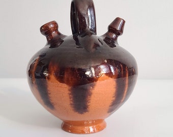 Vintage Domingo Punter Teruel Pottery Botijo Style water pot terracotta brown red handmade modern unique folk ethnic European cottagecore