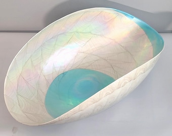 Yalos Murano studio art glass centerpiece bowl iridescent blue ivory colored swirl shell, Italian Italy Venetian, large huge heavy