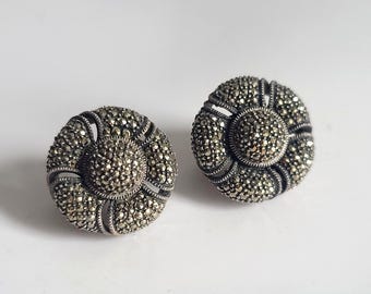 Judith Jack Sterling Silver 925 Marcasite Domed Clip Earrings Floral, high-end, omega back for pierced ears