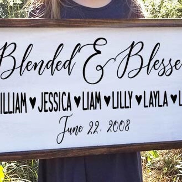 Blended and Blessed with Family Names and Established Date Framed Wood Farmhouse Sign