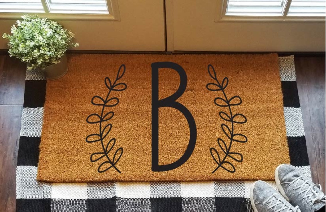Monogram Doormat with Leaf Wreath Monogram Mat Etsy
