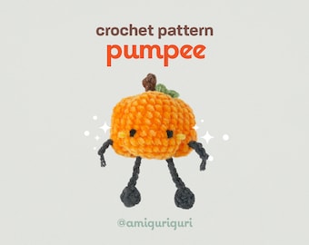 Pode incluir: Padrão de crochê para uma abóbora laranja fofa com pernas pretas e um caule verde. O padrão se chama "pumpee" e é de @amiquiriqui.