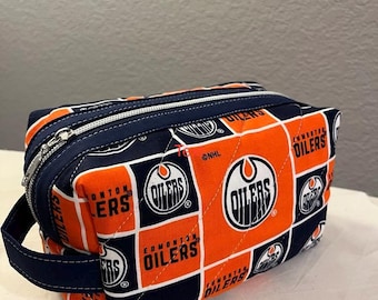 Trousse de toilette matelassée de l'équipe de la LNH : pochette de voyage en coton faite main Oilers Senators Leafs Stars Canadiens Rangers Blackhawks Red Wings