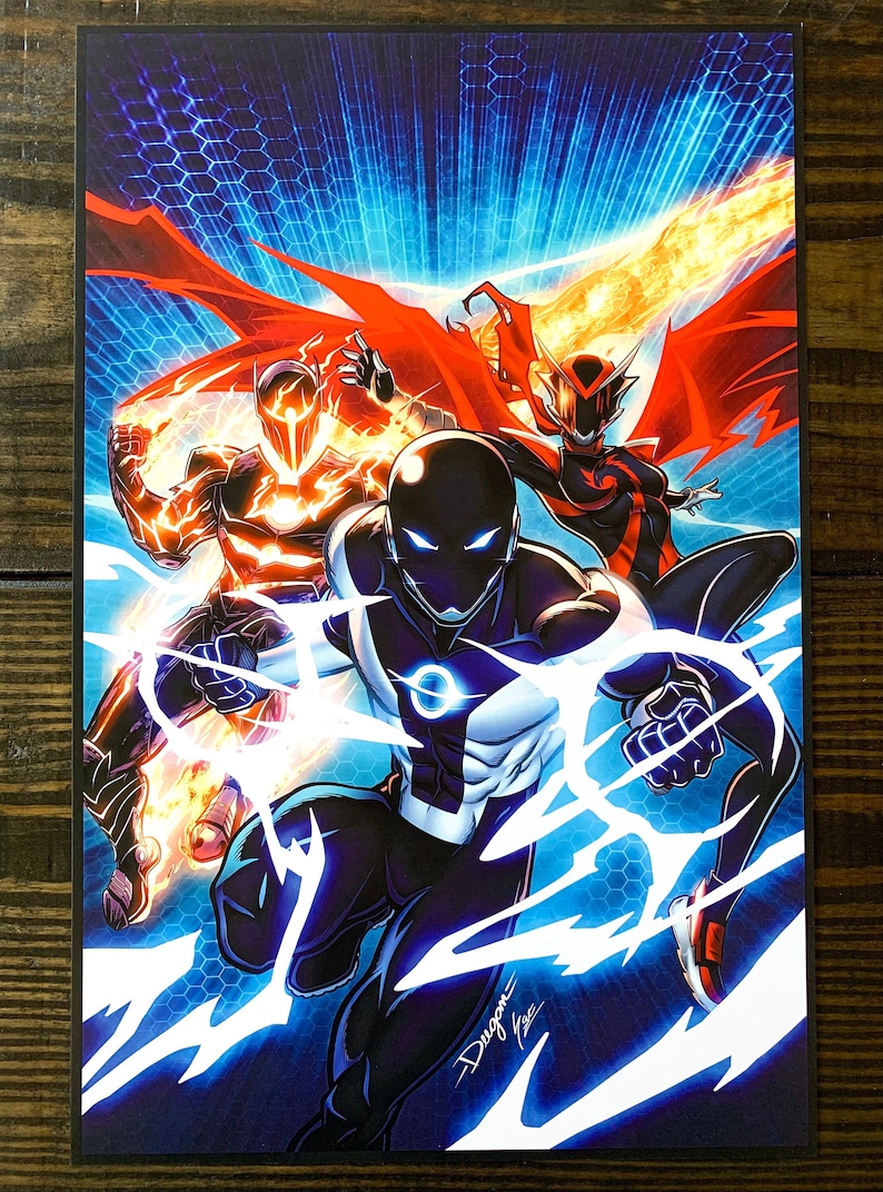 May include: A comic book illustration of three superheroes in action. The central figure is a black-clad superhero with a glowing blue circle on their chest, surrounded by white lightning bolts. The other two figures are in red and orange, with one wearing a helmet and the other a mask. The background is a blue and black pattern of hexagons.