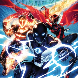 May include: Three superheroes in a comic book style pose. The superhero in the center is wearing a black and white suit with a blue glowing circle on the chest. The superhero on the left is wearing a red and black suit with a glowing orange circle on the chest. The superhero on the right is wearing a red and black suit with a glowing red circle on the chest. The background is a blue and white pattern.