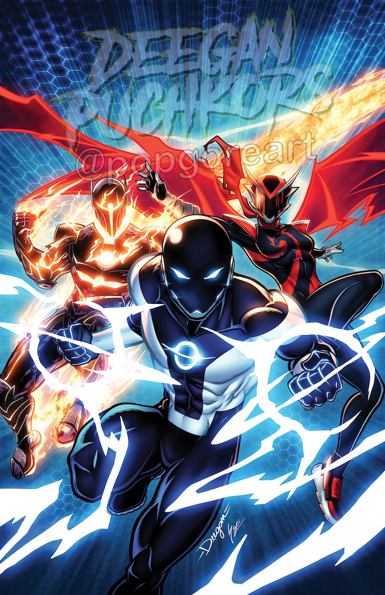 May include: Three superheroes in a comic book style pose. The superhero in the center is wearing a black and white suit with a blue glowing circle on the chest. The superhero on the left is wearing a red and black suit with a glowing orange circle on the chest. The superhero on the right is wearing a red and black suit with a glowing red circle on the chest. The background is a blue and white pattern.