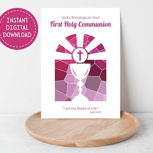 Printable First Holy Communion Card, God's Blessings, Instant Digital Download, Holy Eucharist, Chalice and Host, Catholic Sacrament, 5"x7"